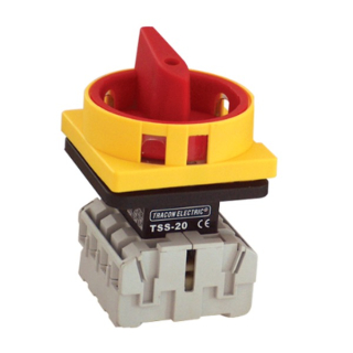 Bezpečnostní hlavní vypínač žluto-červený Tracon TSS-10/4 400V, 50Hz, 100A, 4P, 30kW, 64×64mm