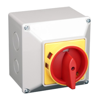 Krabicový bezpečnostní hlavní vypínač žluto-červ. Tracon TSS-40/3T 400V, 50Hz, 40A, 3P, 11kW, 64×64mm, IP44