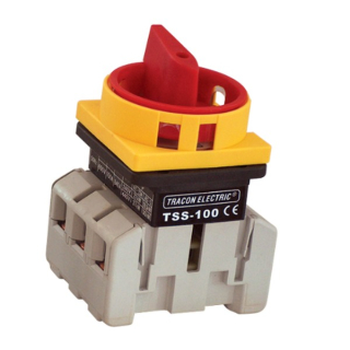 Bezpečnostní hlavní vypínač žluto-červený Tracon TSS-80/3 400V, 50Hz, 80A, 3P, 22kW, 64×64mm