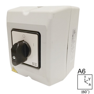 SEZ S10 JPDS 9551 A6 Vačkový spínač s čelní deskou v krytu IP65, rozběhový spínač 10A, 0-Y-troj. (upravený)