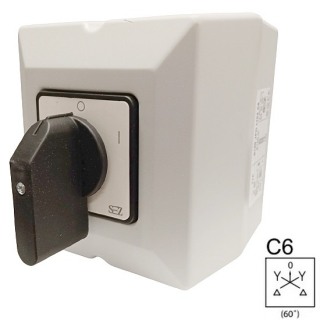 SEZ S100 JPDS 9153 C6 Vačkový spínač v krytu VMS, s čelní deskou, reverzační rozběhový spínač, 100A, troj.-Y-0-Y-troj. (upravený)