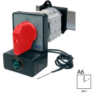 SEZ S16 JLF 1103 A6R 1G Vestavný vačkový spínač s upevněním na lištu, se signálkou 16A, 0-1, 3P, červená páčka (1 signálka, zelená)