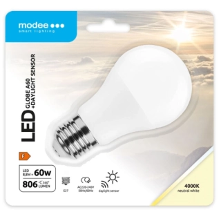 MODEE MSL-G4000K8, 8WE27-DLS LED žárovka se soumrakovým čidlem, 8,8W, E27, 806lm, 4000K - matná