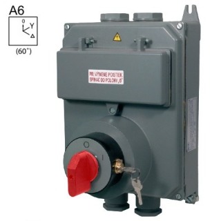 SEZ S25 JIZ 9551 A6R Vačkový spínač v hliníhové skříni s pojistkami, uzamykatelný na zámek, rozběhový spínač 25A, 0-Y-troj., červená páčka