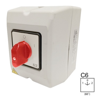 SEZ S25 JPD 9552 C6R Vačkový spínač v krytu IP65, s čelní deskou, přepínač pólů 25A, 1-0-2, červená páčka