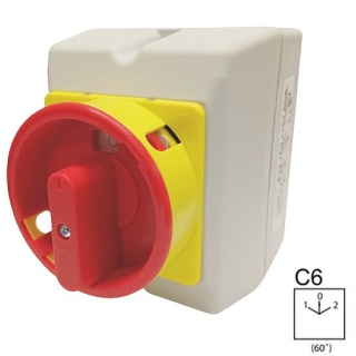 SEZ S25 JPU 9151 C6R Vačkový spínač v krytu IP65, uzamykatelný na visací zámky, reverzační přepínač 25A, 1-0-2, červená páčka