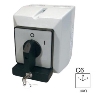 SEZ S25 JPZ 9151 C6 Vačkový spínač v krytu IP54, uzamykatelný na zámek, reverzační přepínač 25A, 1-0-2