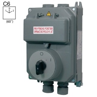 SEZ S32 JI 9151 C6 Vačkový spínač v hliníhové skříni s pojistkami, reverzační přepínač 32A, 1-0-2