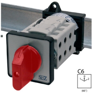 SEZ S32 JLD 2204 C6R N1 Vestavný vačkový spínač s čelní deskou, s upevněním na lištu, přepínač sítí 32A,1-0-2, červená páčka