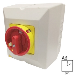 SEZ S32 JPU 1106 A6R Vačkový spínač v krytu IP65, uzamykatelný na visací zámky 32A, 0-1, 6P, červená páčka
