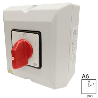 SEZ S40 JPD 1103 A6R Vačkový spínač v krytu IP65, s čelní deskou 40A, 0-1, 3P, červená páčka