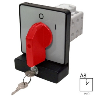 SEZ S40 JZ 1103 A8R Vestavný vačkový spínač, uzamykatelný klíčem 40A, 0-1, 3P, červená páčka