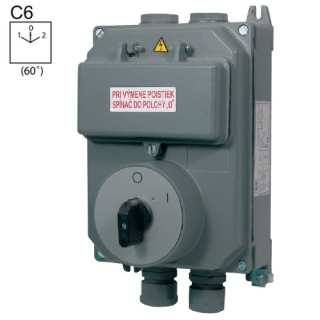 SEZ S63 JI 9552 C6 Vačkový spínač v hliníhové skříni s pojistkami, přepínač pólů 63A, 1-0-2