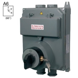 SEZ S63 JIZ 9551 A6 Vačkový spínač v hliníhové skříni s pojistkami, uzamykatelný na zámek, rozběhový spínač 63A, 0-Y-troj.