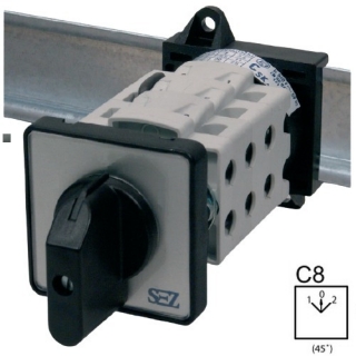 SEZ S63 JLD 2203 C8 Vestavný vačkový spínač s čelní deskou, s upevněním na lištu, přepínač sítí 63A, 1-0-2