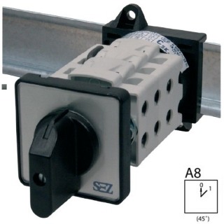 SEZ S63 JLD 9552 A8 Vestavný vačkový spínač s čelní deskou, s upevněním na lištu, přepínač pólů 63A, 0-1-2