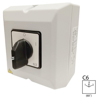 SEZ S63 JPD 9151 C6 Vačkový spínač s čelní deskou v krabici, reverzační přepínač 63A, 1-0-2