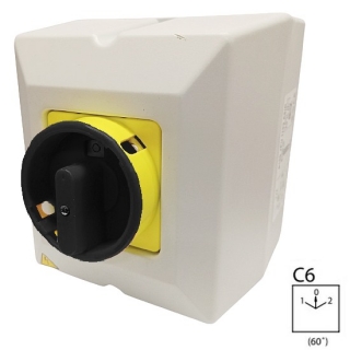 SEZ S63 JPU 9151 C6 Vačkový spínač v krytu IP65, uzamykatelný na visací zámky, reverzační přepínač 63A, 1-0-2