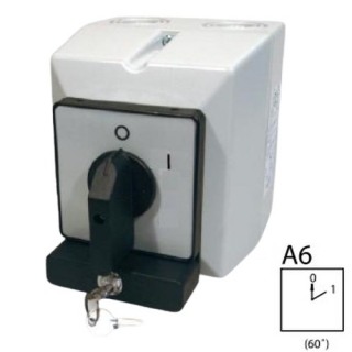 SEZ S63 JPZ 1104 A6 Vačkový spínač v krytu IP54, uzamykatelný na zámek 63A, 0-1, 4P