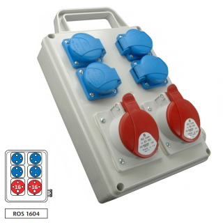 Zásuvková rozvodnice ROS 1604 2x1643+4x230V s držákem, IP44