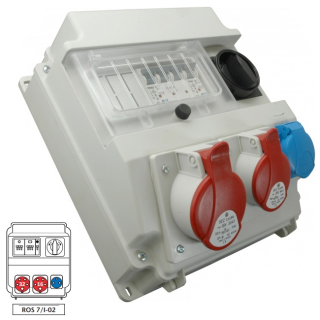 Zásuvková rozvodnice ROS 7/I-02 1x3253+1x1653+1x230V, jištěná, s rezervačním přepínačem , IP54