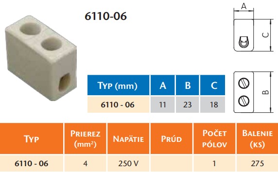 Keramická svorkovnice SEZ 3110-06 parametry