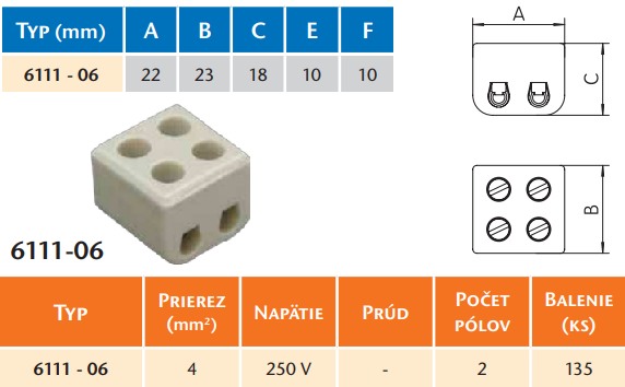 SEZ 6111-06 Spojka svítidlová keramická 2x4mm