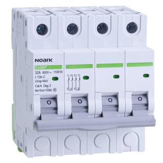 Noark 110054 Ex9BP 4P DC600V K1 DC instalační jistič 10 kA pro PV aplikace, charakteristika K, 1 A, 600 V DC, šířka 4TE